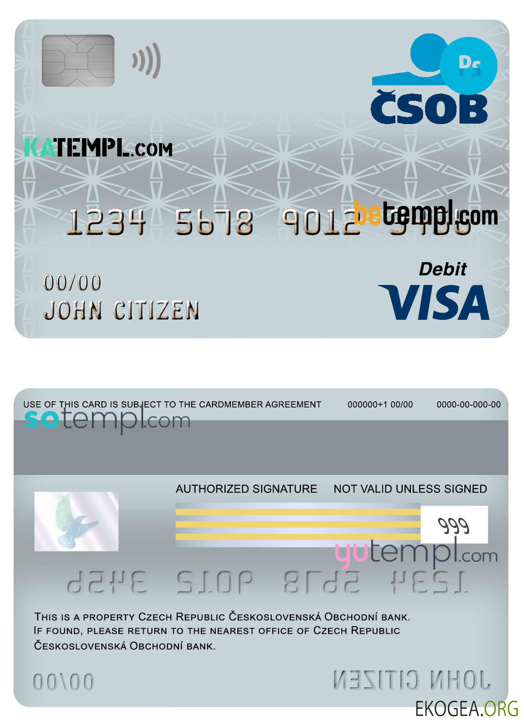 Modèle de carte de débit de carte visa bancaire République tchèque Československá Obchodní au format PSD, entièrement modifiable